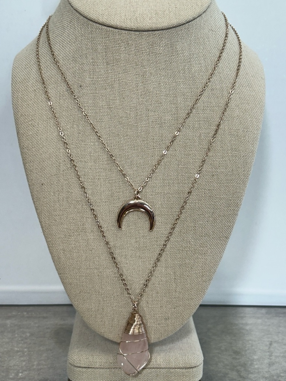 Rose Gold Layered Crescent & Rose Quartz Pendant Necklace - Women Jewelry